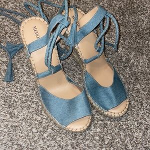 Denim lace up wedges, size 9